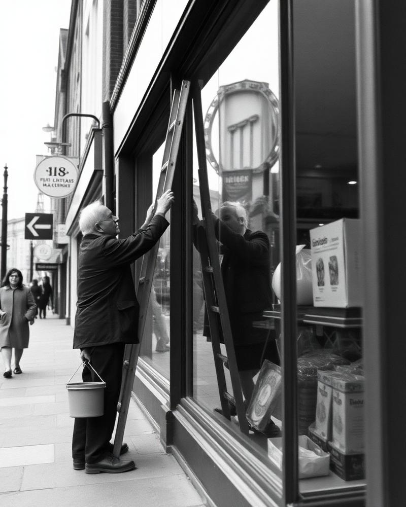 Vintage black and white photo of Eddie's granddad cleaning a London shop window