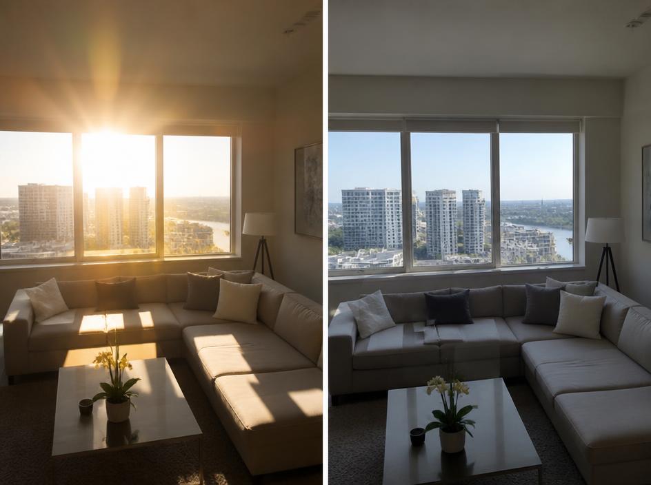Before and after: a living room with harsh glare on the left and soft, cool light after solar film on the right